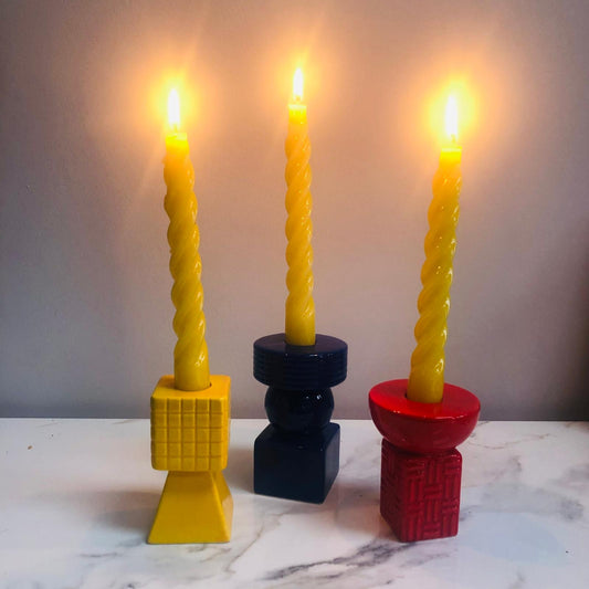 Ceramic Geometric Candle Holders - Set of Three (Blue, Red & Yellow)