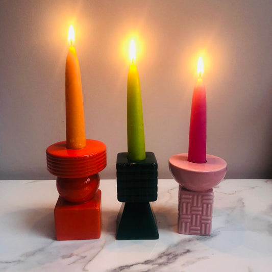 Ceramic Geometric Candle Holders - Set of Three (Orange, Pink & Green)