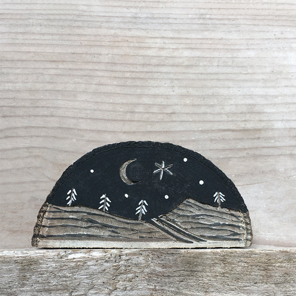 Night Sky Silhouette Scene Wooden Block