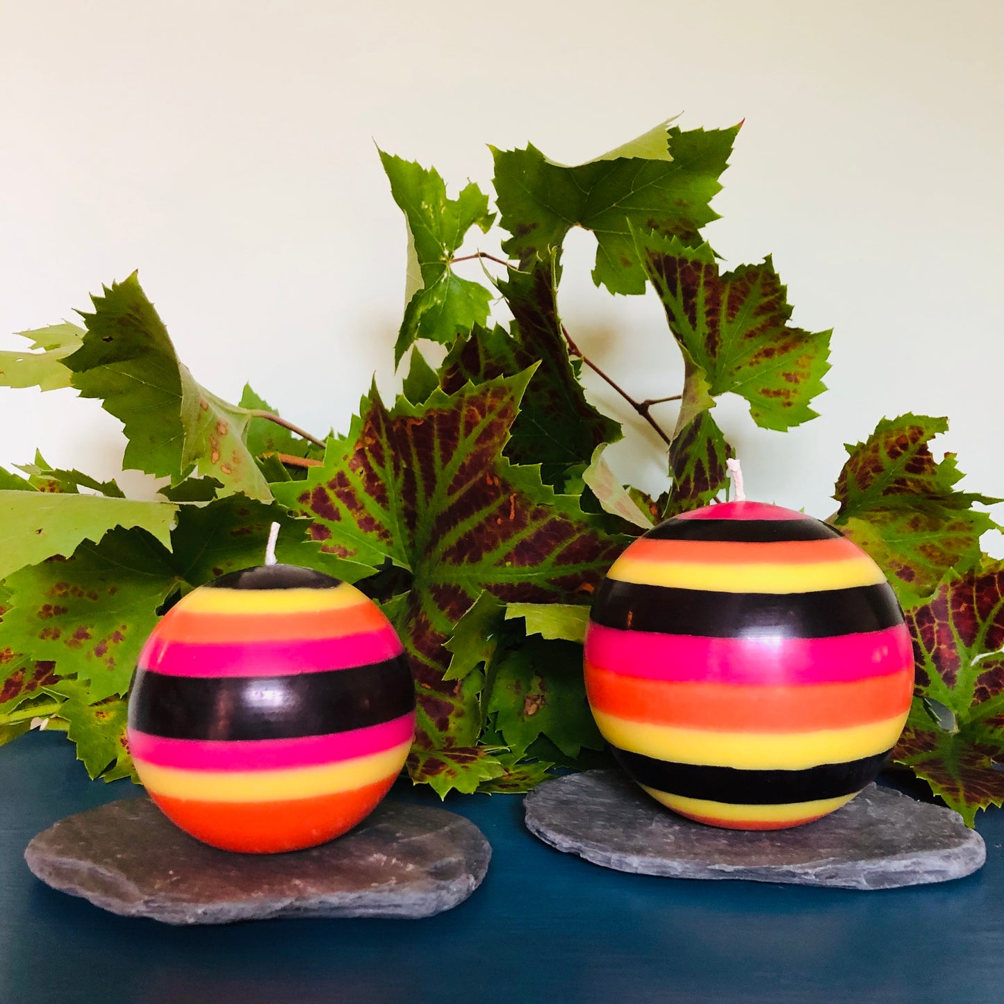 Orange Flame, Neyron Rose, Sulphur Yellow and Jet Black Large Stripe Ball Candle-ad&i